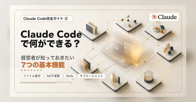 Claude Codeの7つの基本機能を経営者向けの機能マップとして整理することを表すサムネイル