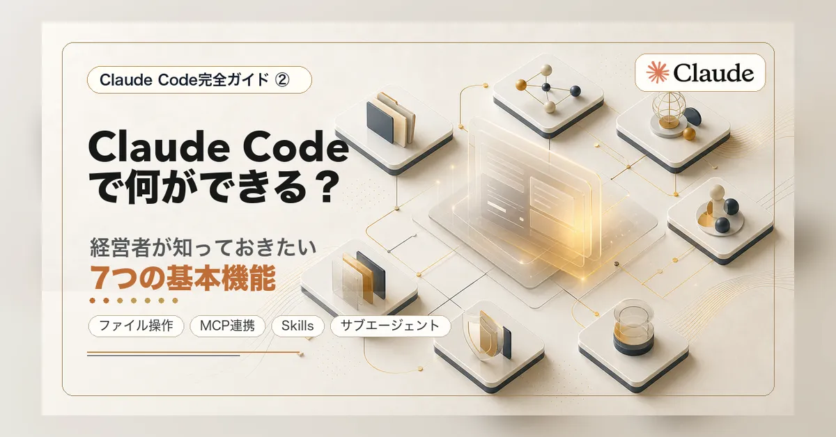 Claude Codeの7つの基本機能を経営者向けの機能マップとして整理することを表すサムネイル