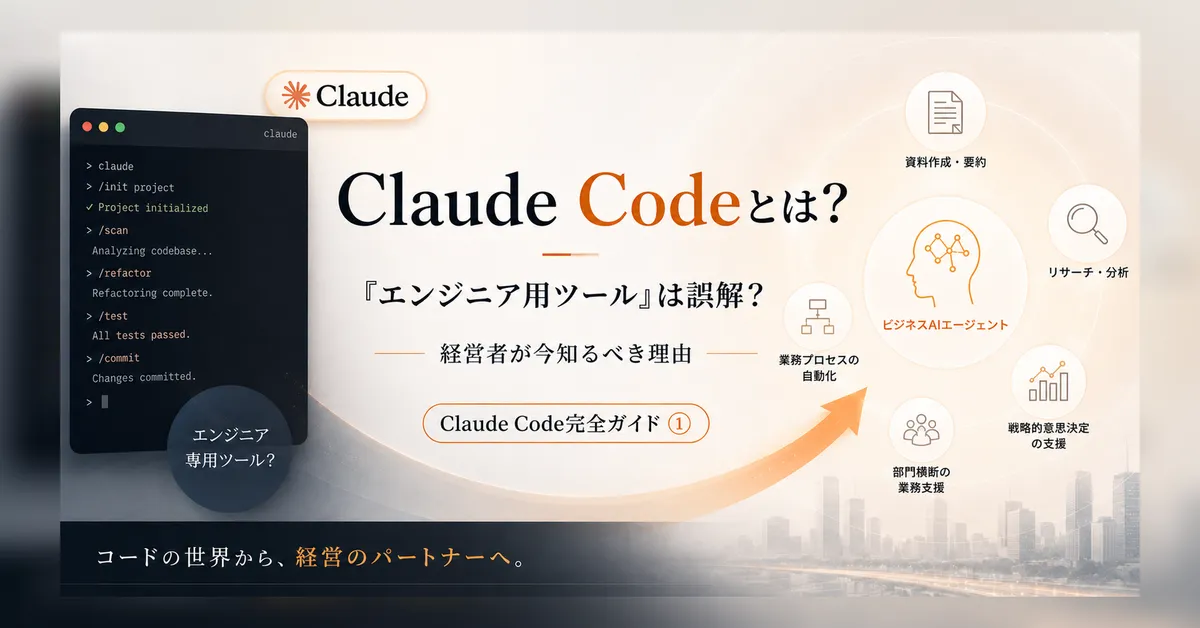 Claude Codeが経営者向けのAIエージェントとして業務委任やレビューを支援することを表すサムネイル