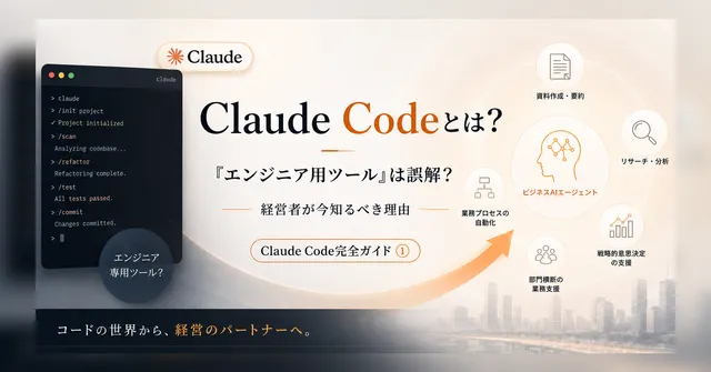 Claude Codeが経営者向けのAIエージェントとして業務委任やレビューを支援することを表すサムネイル